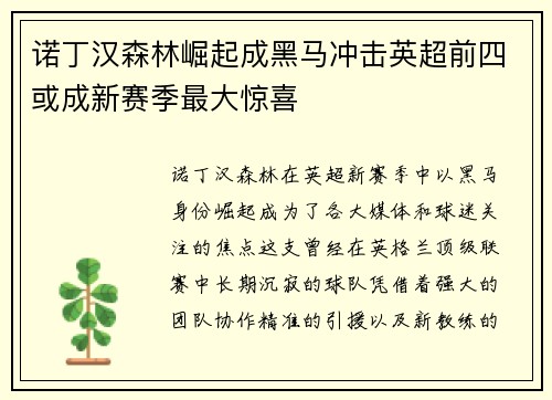 诺丁汉森林崛起成黑马冲击英超前四或成新赛季最大惊喜